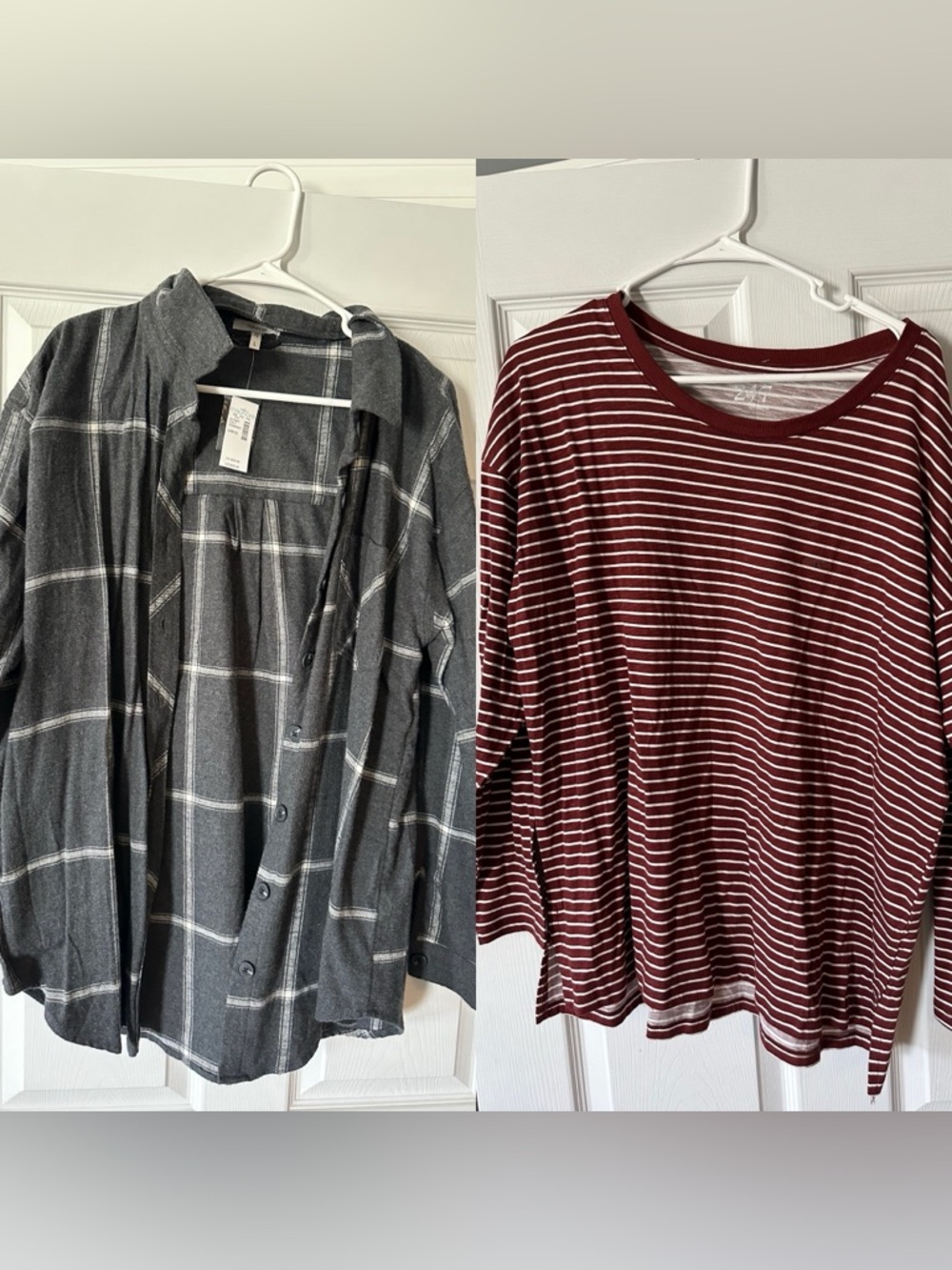 Maurices Bundle NWT - Gray Plaid Button-Up Shacket & 24/7 Red/White Striped Tee